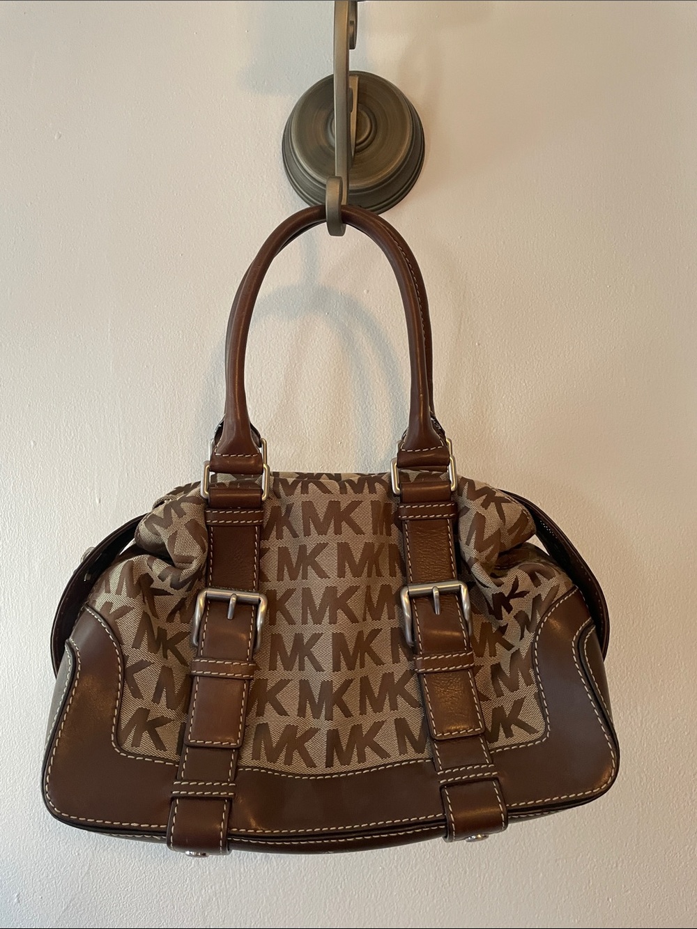 Michael Kors Brown/Tan MK Logo Canvas Satchel with Leather Trim
